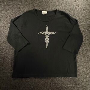 Knotholes & Lace Black Rhinestone Tribal Cross Womens XL 3/4 Sleeve Top Plus